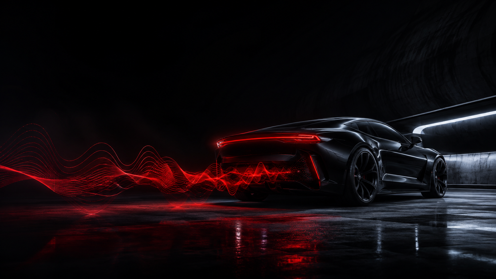 Futuristic performance coupe illuminated by red acoustic energy