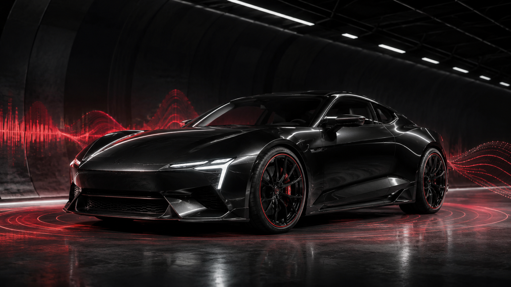 Black electric performance coupe surrounded by red acoustic energy