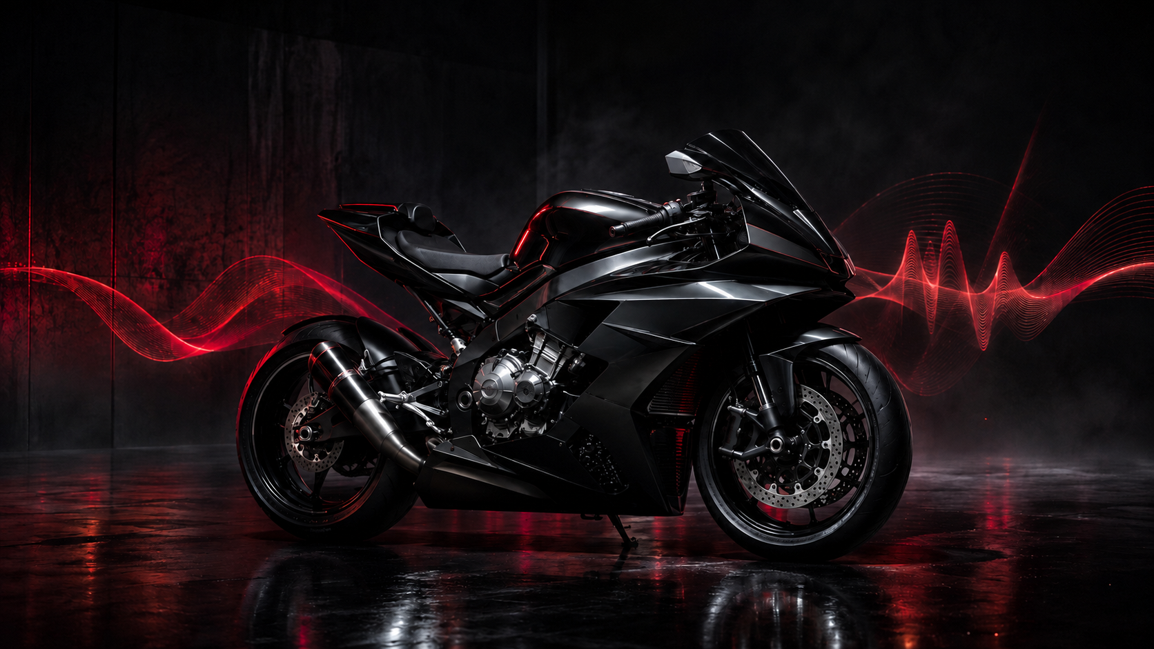 Black sport motorcycle framed by a red acoustic waveform