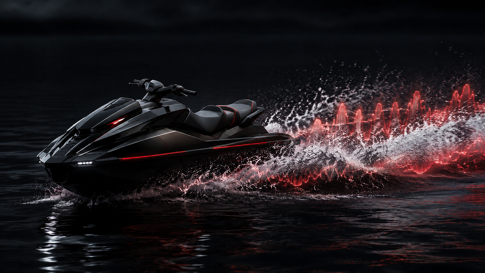 Black personal watercraft carving through red acoustic energy